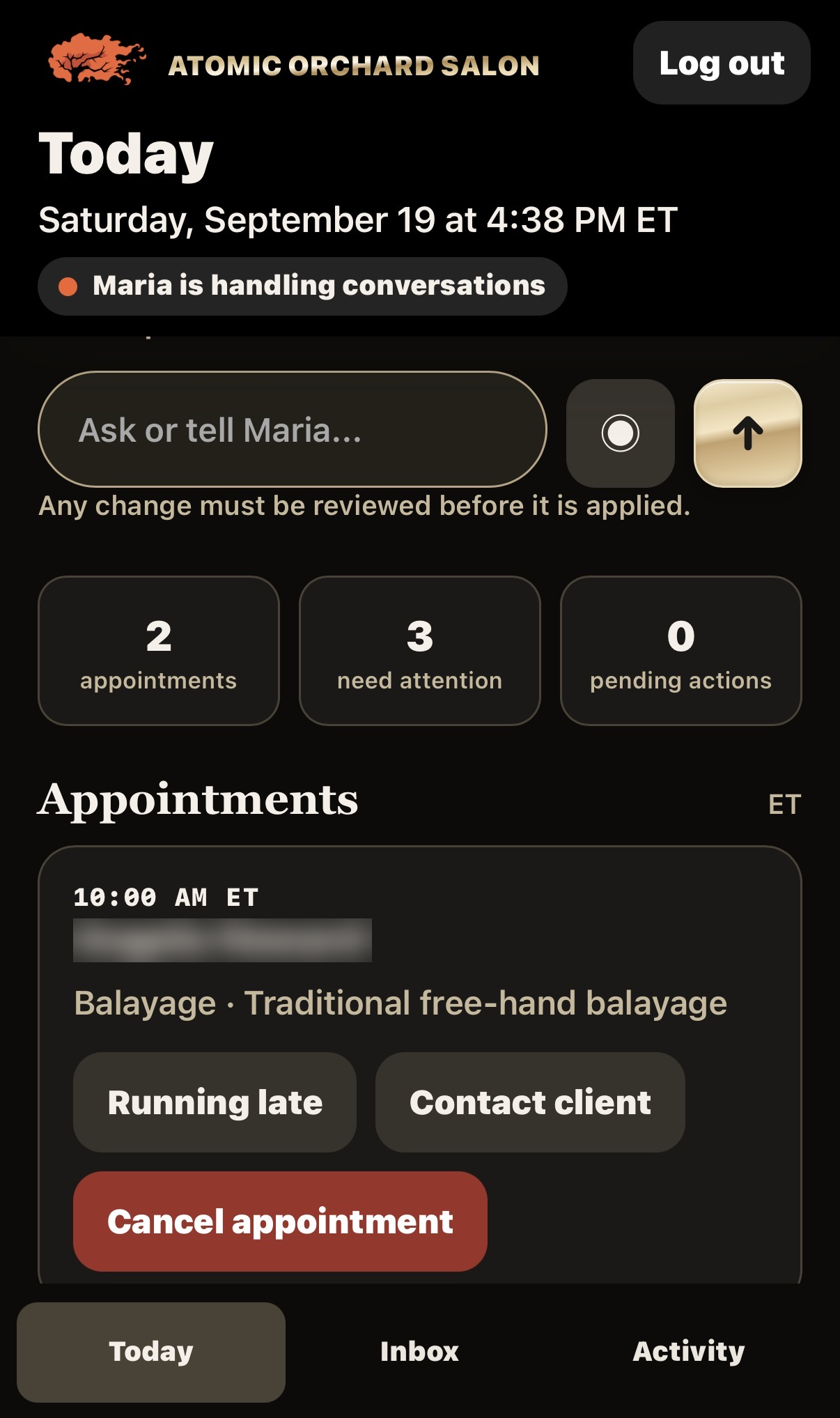 The Maria Operator dashboard on a phone, showing today's appointments and a pending action