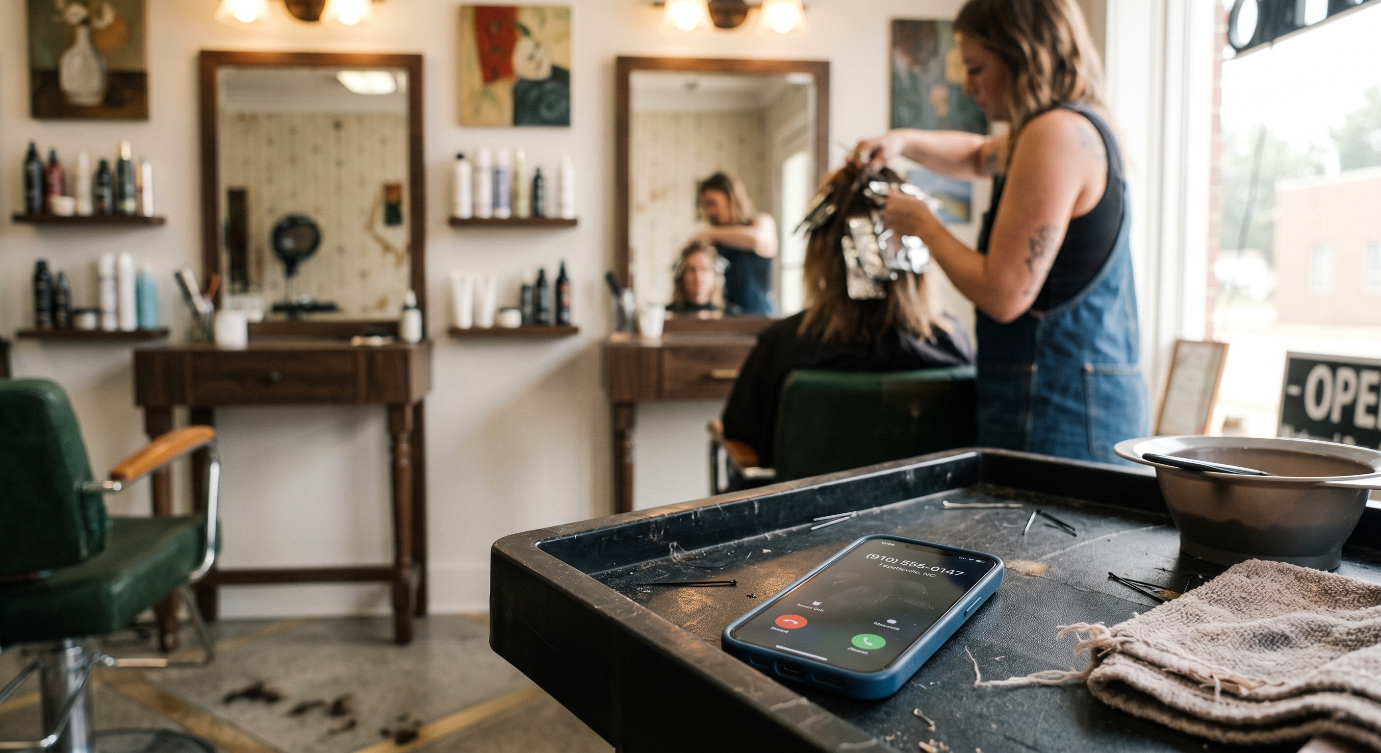 A stylist works with a client while an incoming call rings on a nearby phone