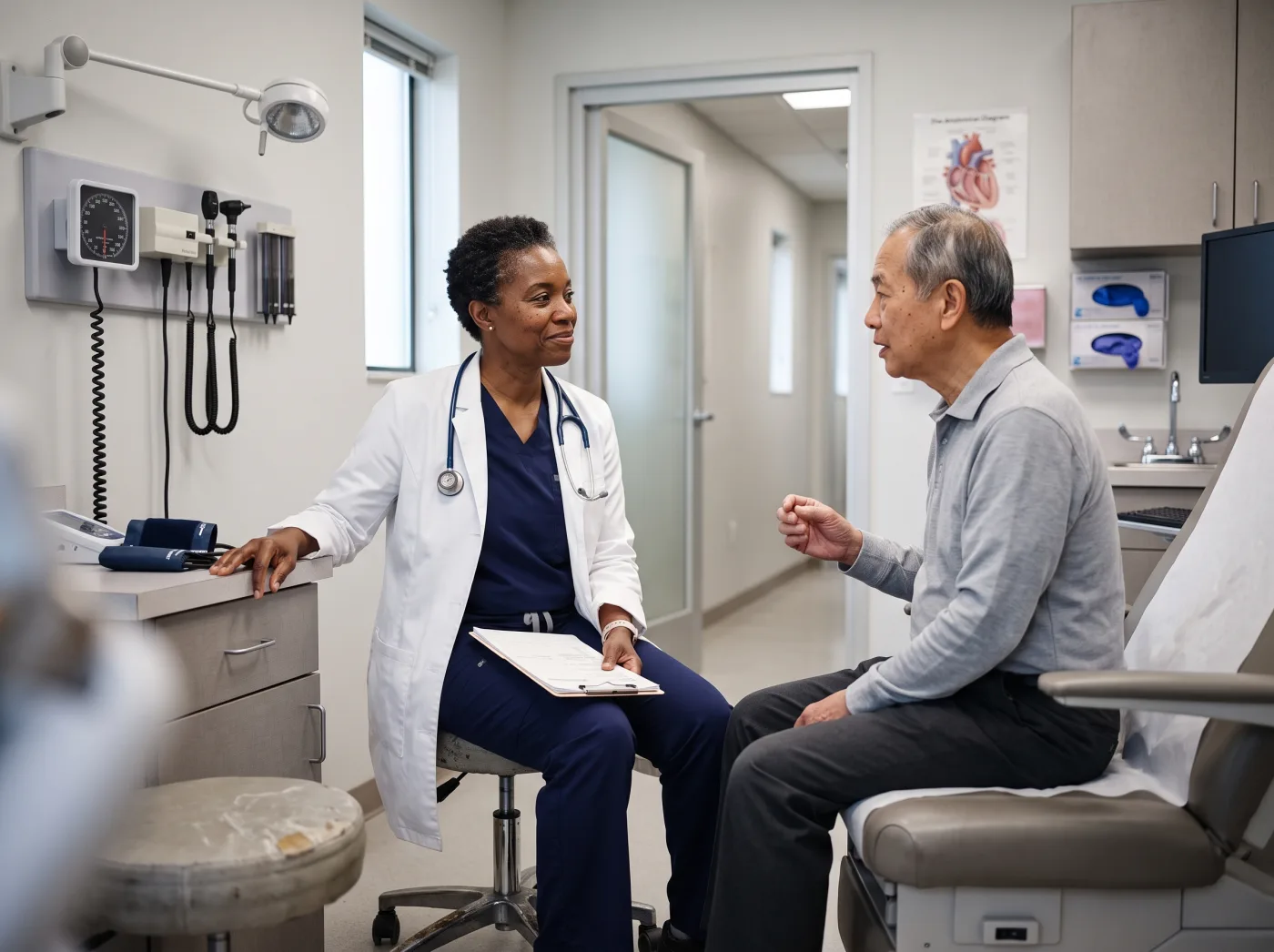 A physician listening to a patient in a private medical practice