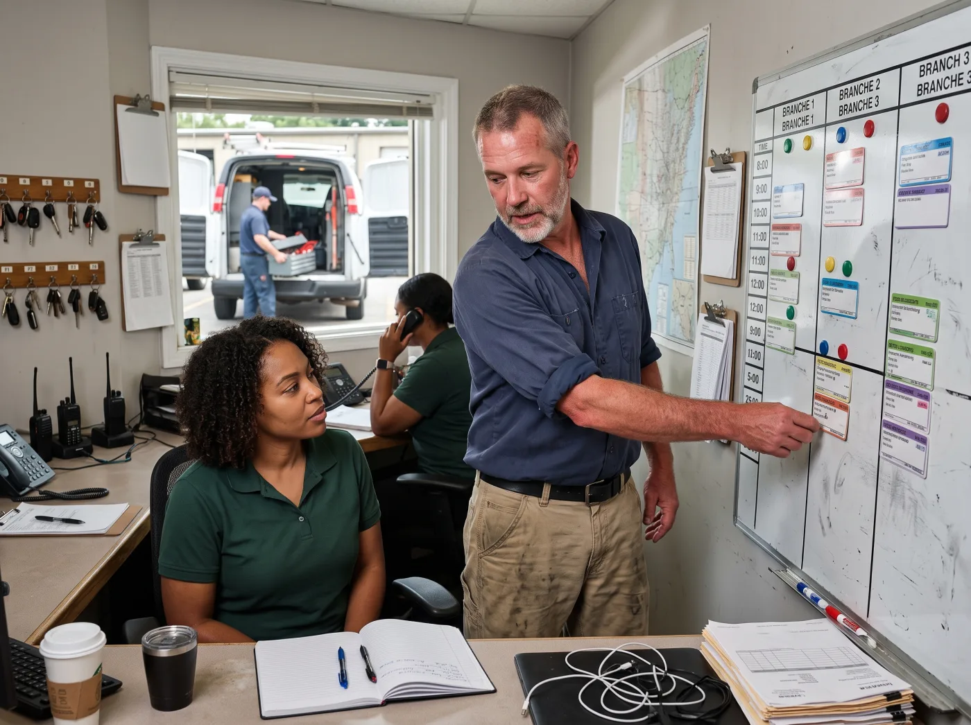 An HVAC operations manager coordinating service routes with a dispatcher