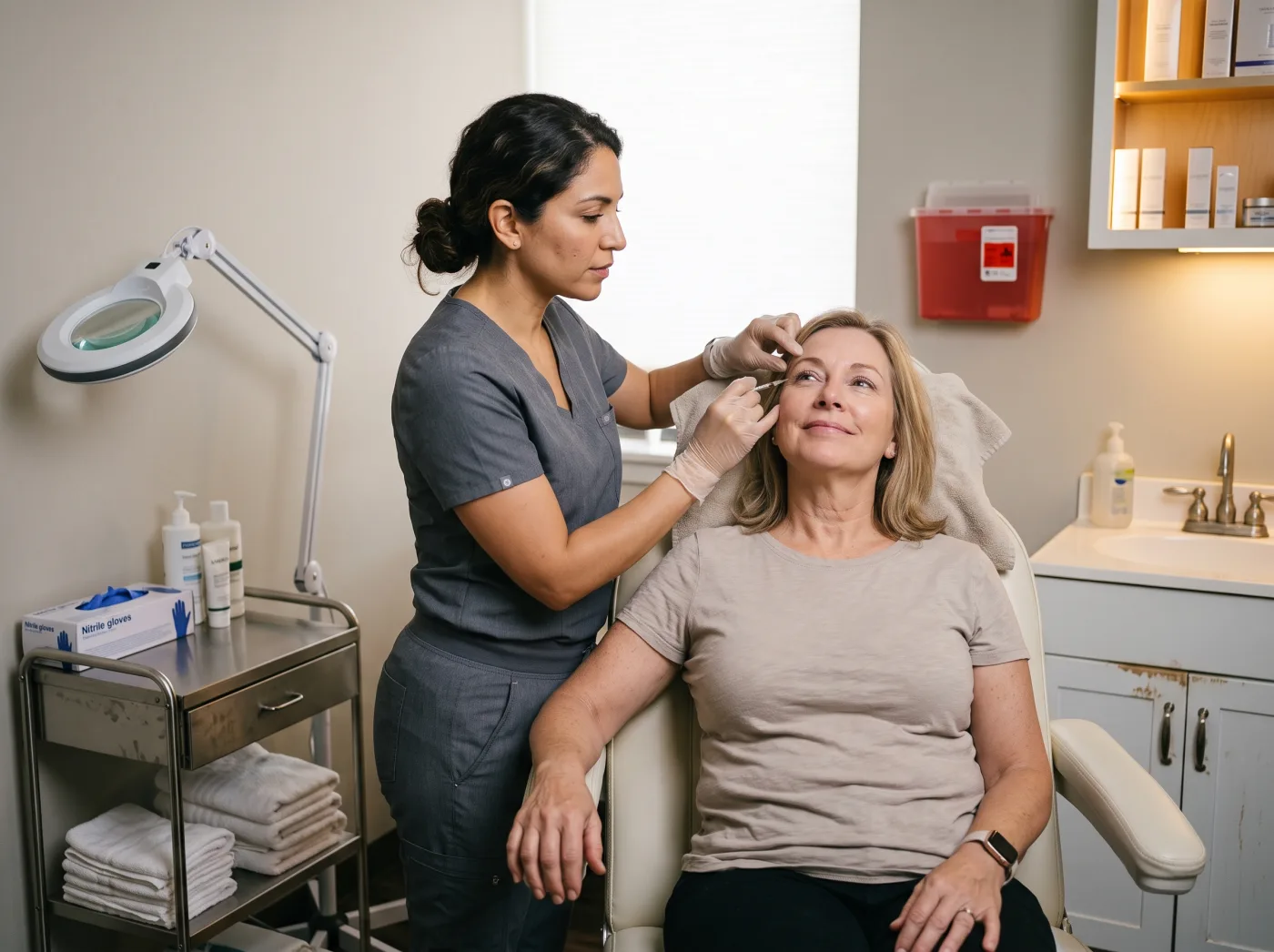 A med spa provider working with a client in a treatment room